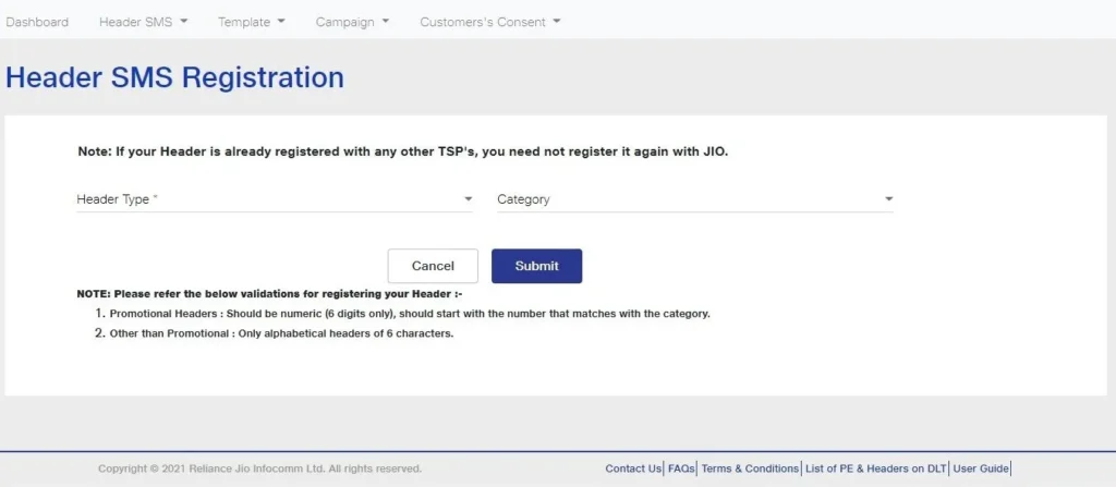 CLI/ Header (Sender ID) Registration